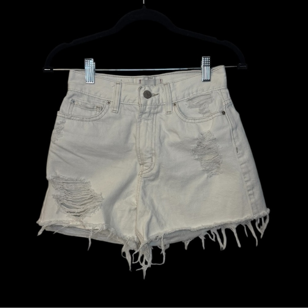 BDG High Rise Cut Off Distressed White Denim Shorts Button Pockets Size 25